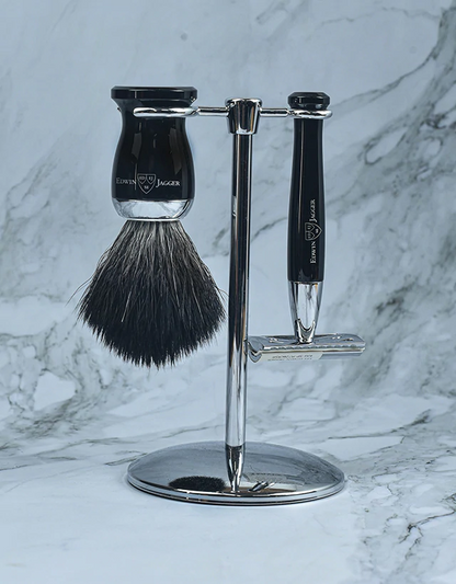Edwin Jagger - Diffusion 72 Series - 3pc Set, Double Edge Safety Razor, Shaving Brush, Imitation Ebony, Black Synthetic Fibre with Stand, Chrome Plated - The Panic Room