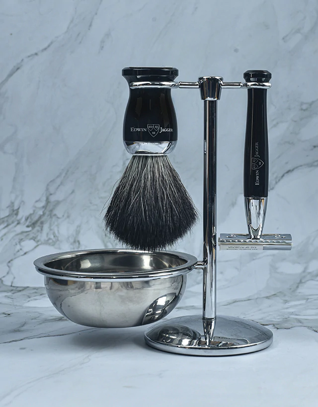 Edwin Jagger - Diffusion 72 Series - 4pc Set, Double Edge Safety Razor, Shaving Brush, Imitation Ebony, Black Synthetic Fibre with Stand and Bowl, Chrome Plated - The Panic Room