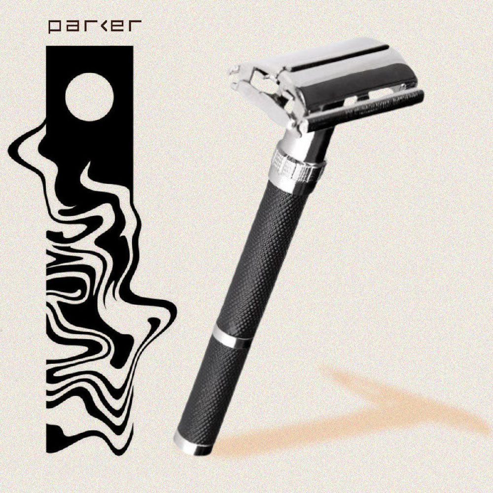 Parker - 96R Safety Razor, Butterfly Open, Black and Chrome Finish Handle - The Panic Room