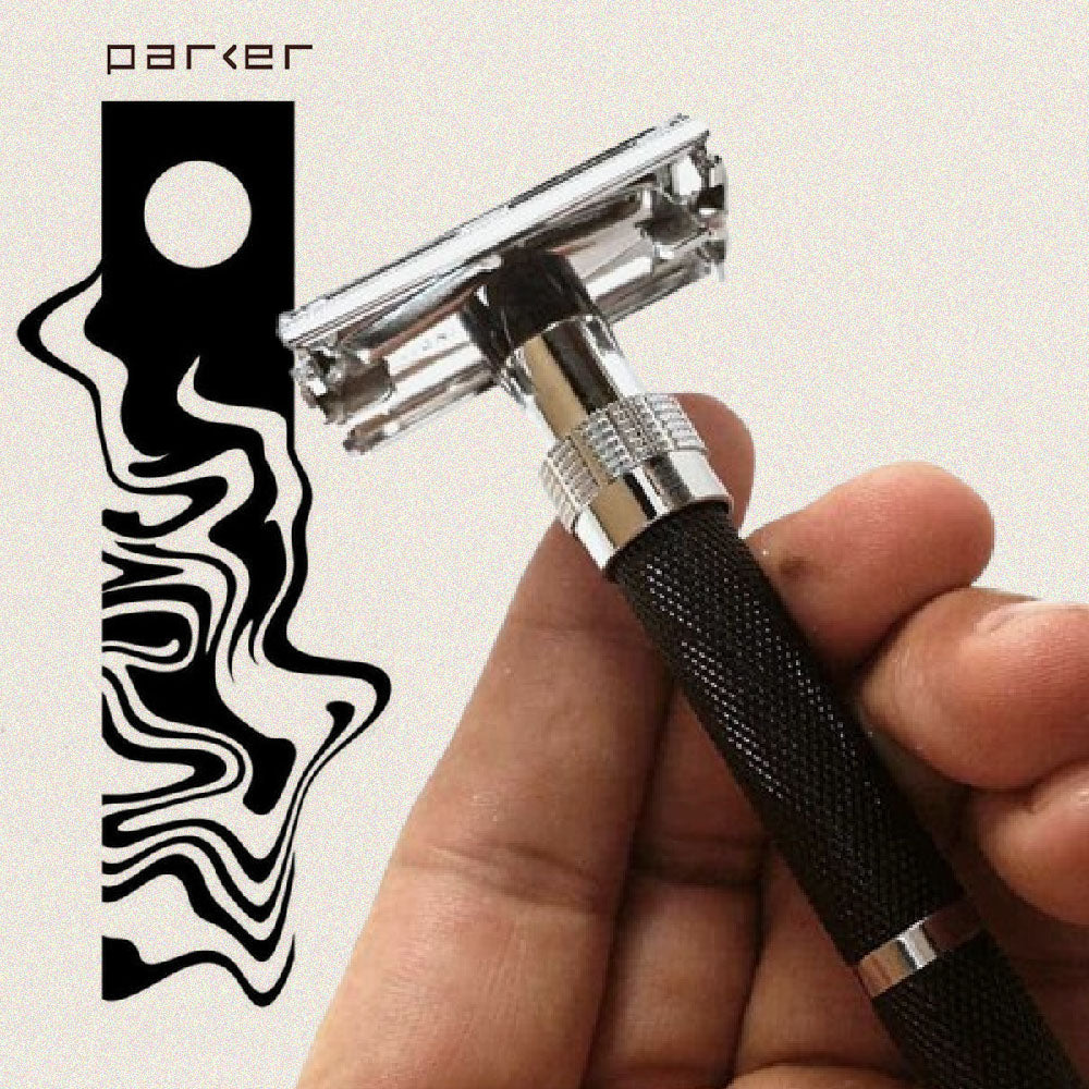 Parker - 96R Safety Razor, Butterfly Open, Black and Chrome Finish Handle - The Panic Room