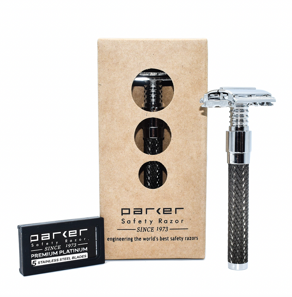 Parker - 92R Safety Razor, Butterfly Open, Heavyweight, Graphite and Chrome Finish Handle