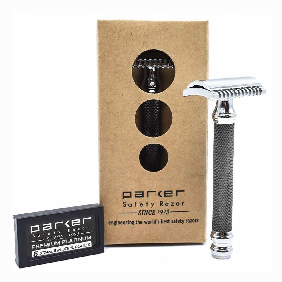 Parker - 26C Safety Razor, 3 piece, Open Comb, Black and Chrome Handle