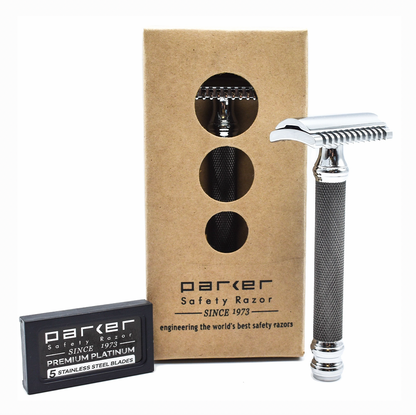 Parker - 26C Safety Razor, 3 piece, Open Comb, Black and Chrome Handle