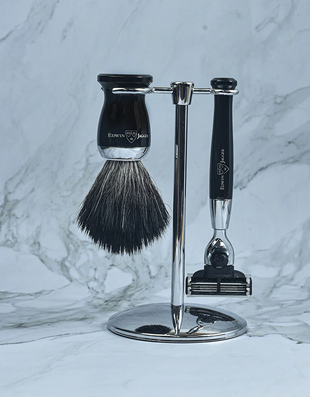 Edwin Jagger - Diffusion 72 Series - 3pc Set, Gillette® Mach3® Razor, Shaving Brush, Imitation Ebony, Black Synthetic Fibre with Stand, Chrome Plated - The Panic Room
