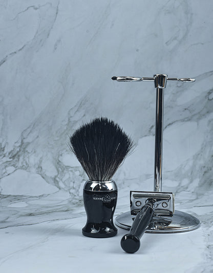 Edwin Jagger - Diffusion 72 Series - 3pc Set, Double Edge Safety Razor, Shaving Brush, Imitation Ebony, Black Synthetic Fibre with Stand, Chrome Plated - The Panic Room
