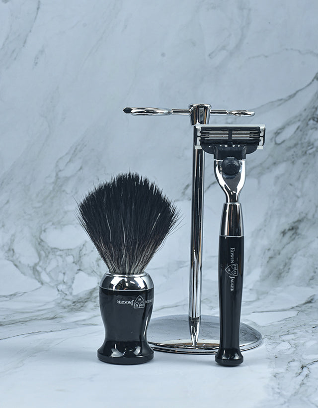 Edwin Jagger - Diffusion 72 Series - 3pc Set, Gillette® Mach3® Razor, Shaving Brush, Imitation Ebony, Black Synthetic Fibre with Stand, Chrome Plated - The Panic Room